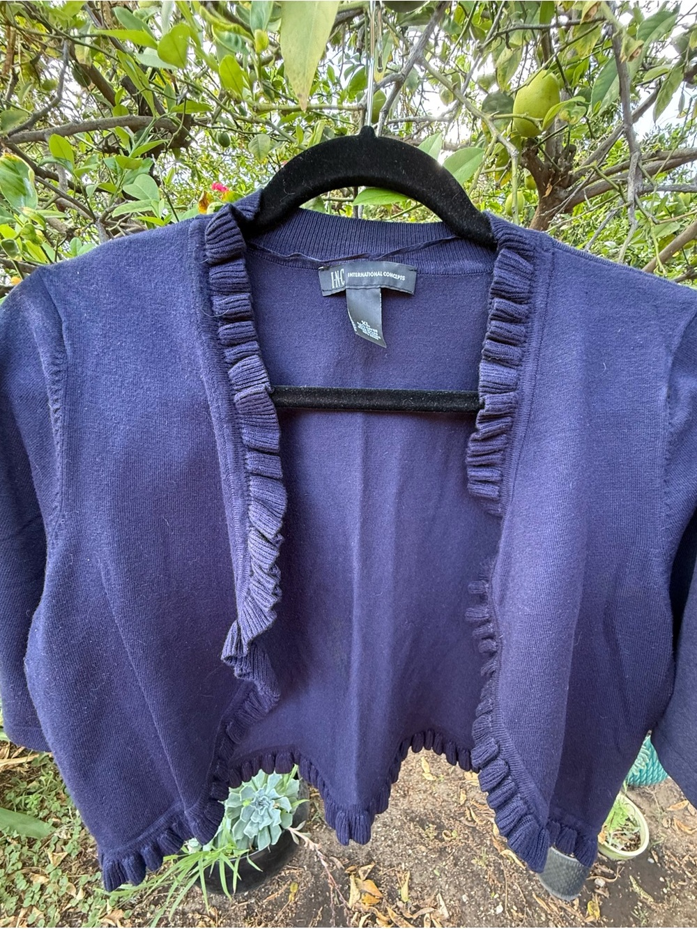 INC International Concepts Navy Ruffle-Trim Cropped Cardigan